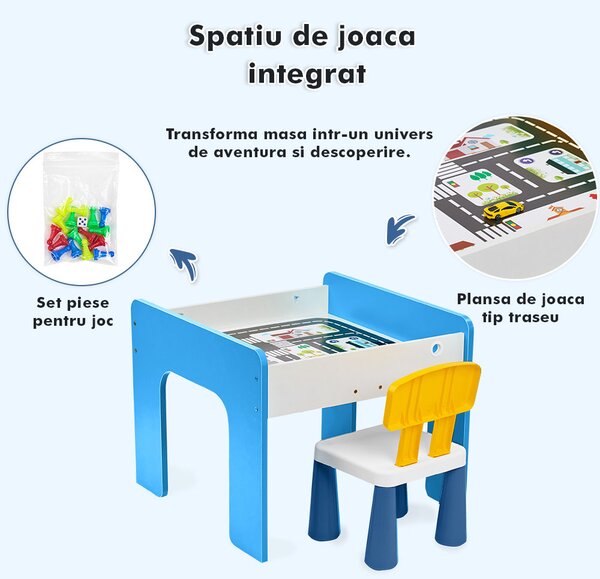 Măsuță multifuncțională pentru copii, folosita la activitati creative, construit modular cu blocuri, depozitare, desenat, colorat, din lemn mdf, scaun inclus, 57x57x45, 3-6 ani, onuvio® - albas
