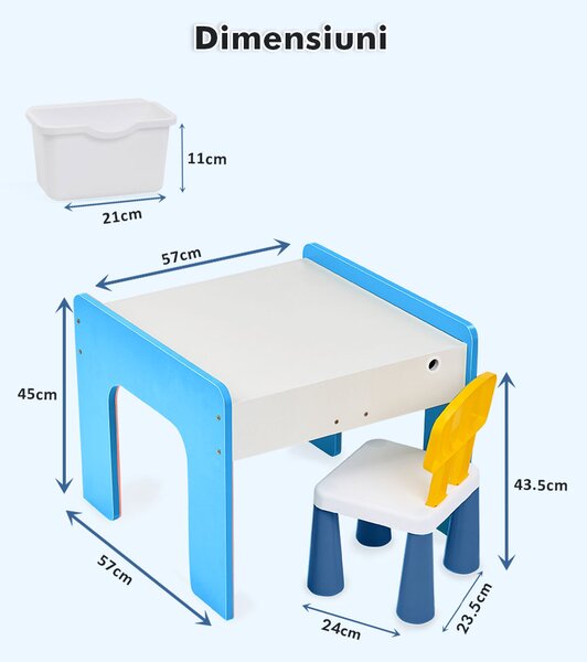 Măsuță multifuncțională pentru copii, folosita la activitati creative, construit modular cu blocuri, depozitare, desenat, colorat, din lemn mdf, scaun inclus, 57x57x45, 3-6 ani, onuvio® - albas