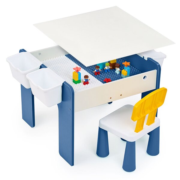 Măsuță multifuncțională pentru copii, folosita la activitati creative, construit modular cu blocuri, depozitare, desenat, colorat, din lemn mdf, scaun inclus, 57x57x45, 3-6 ani, onuvio® - albas