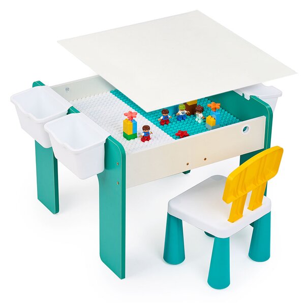 Măsuță multifuncțională pentru copii, folosita la activitati creative, construit modular cu blocuri, depozitare, desenat, colorat, din lemn mdf, scaun inclus, 57x57x45, 3-6 ani, onuvio® - verde