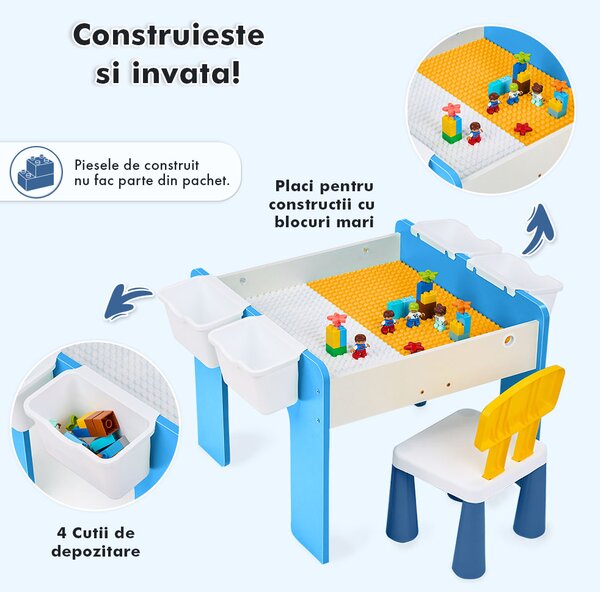 Măsuță multifuncțională pentru copii, folosita la activitati creative, construit modular cu blocuri, depozitare, desenat, colorat, din lemn mdf, scaun inclus, 57x57x45, 3-6 ani, onuvio® - albas