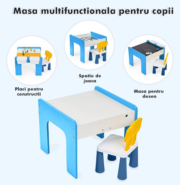 Măsuță multifuncțională pentru copii, folosita la activitati creative, construit modular cu blocuri, depozitare, desenat, colorat, din lemn mdf, scaun inclus, 57x57x45, 3-6 ani, onuvio® - albas