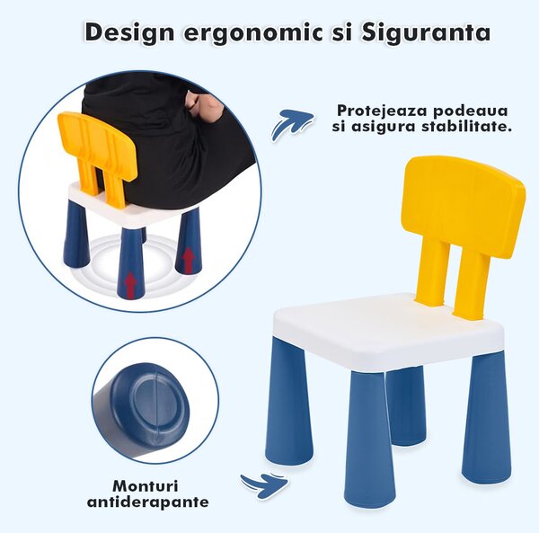 Măsuță multifuncțională pentru copii, folosita la activitati creative, construit modular cu blocuri, depozitare, desenat, colorat, din lemn mdf, scaun inclus, 57x57x45, 3-6 ani, onuvio® - albas