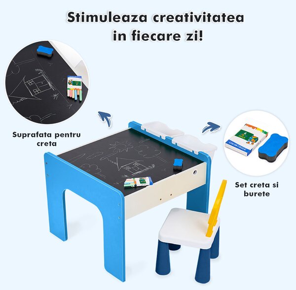 Măsuță multifuncțională pentru copii, folosita la activitati creative, construit modular cu blocuri, depozitare, desenat, colorat, din lemn mdf, scaun inclus, 57x57x45, 3-6 ani, onuvio® - albas