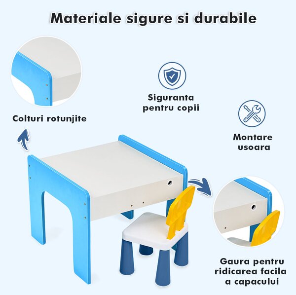 Măsuță multifuncțională pentru copii, folosita la activitati creative, construit modular cu blocuri, depozitare, desenat, colorat, din lemn mdf, scaun inclus, 57x57x45, 3-6 ani, onuvio® - albas