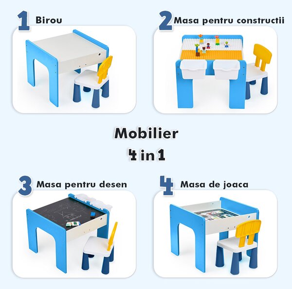Măsuță multifuncțională pentru copii, folosita la activitati creative, construit modular cu blocuri, depozitare, desenat, colorat, din lemn mdf, scaun inclus, 57x57x45, 3-6 ani, onuvio® - albas