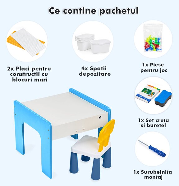 Măsuță multifuncțională pentru copii, folosita la activitati creative, construit modular cu blocuri, depozitare, desenat, colorat, din lemn mdf, scaun inclus, 57x57x45, 3-6 ani, onuvio® - albas