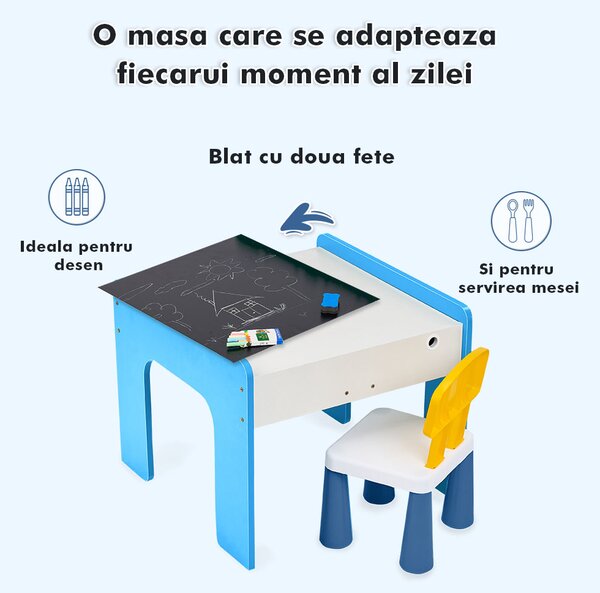 Măsuță multifuncțională pentru copii, folosita la activitati creative, construit modular cu blocuri, depozitare, desenat, colorat, din lemn mdf, scaun inclus, 57x57x45, 3-6 ani, onuvio® - albas