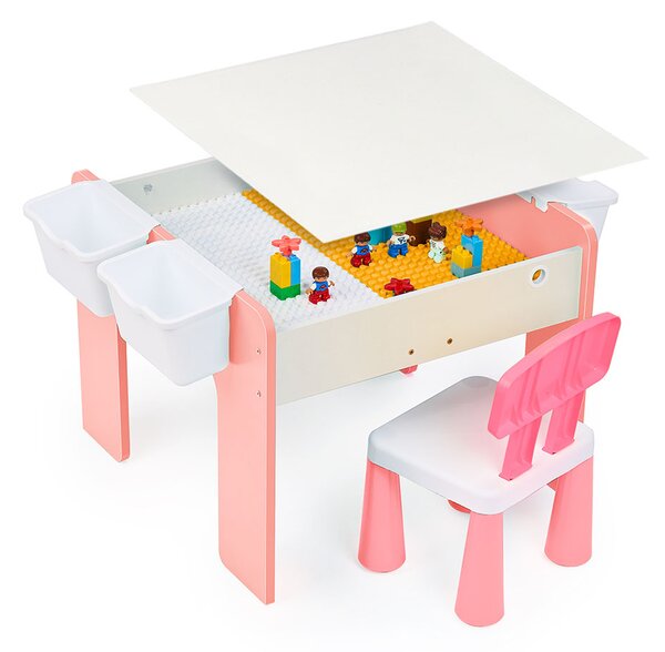 Măsuță multifuncțională pentru copii, folosita la activitati creative, construit modular cu blocuri, depozitare, desenat, colorat, din lemn mdf, scaun inclus, 57x57x45, 3-6 ani, onuvio® - roz