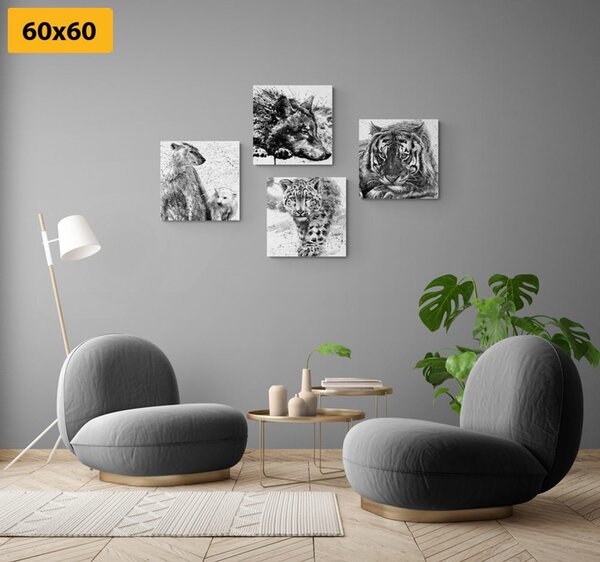 Set tablouri animale în design alb-negru de acuarelă