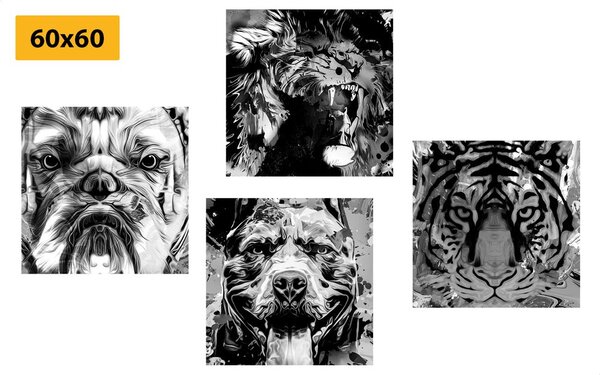 Set tablouri animale în design alb-negru de stil pop art