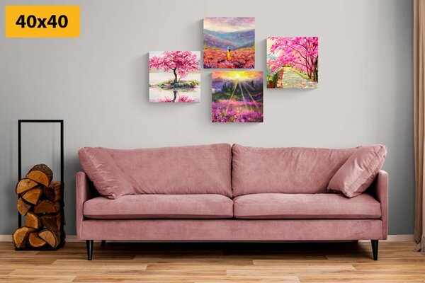 Set tablouri imitația frumoasă de pictură în ulei în coloarea roz