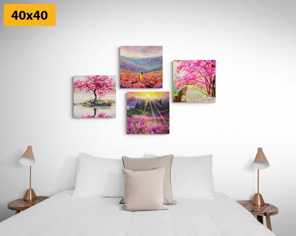 Set tablouri imitația frumoasă de pictură în ulei în coloarea roz