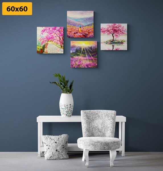 Set tablouri imitația frumoasă de pictură în ulei în coloarea roz
