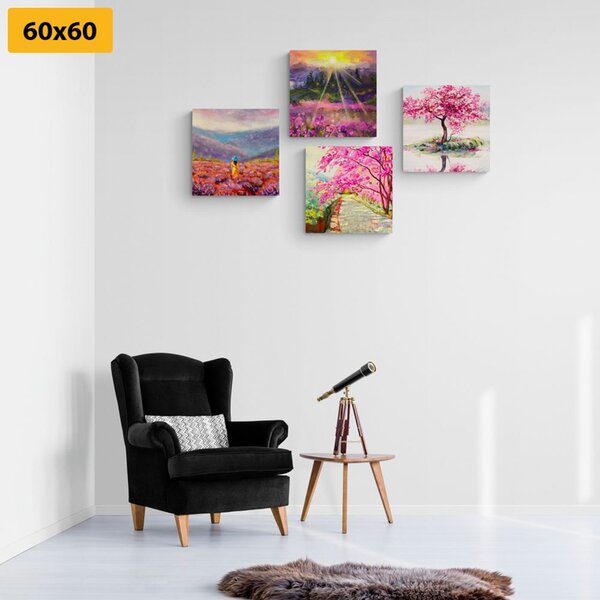 Set tablouri imitația frumoasă de pictură în ulei în coloarea roz