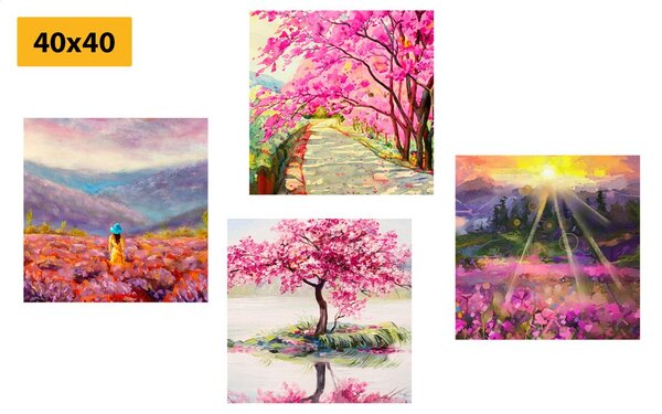 Set tablouri imitația frumoasă de pictură în ulei în coloarea roz