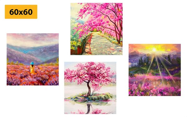 Set tablouri imitația frumoasă de pictură în ulei în coloarea roz