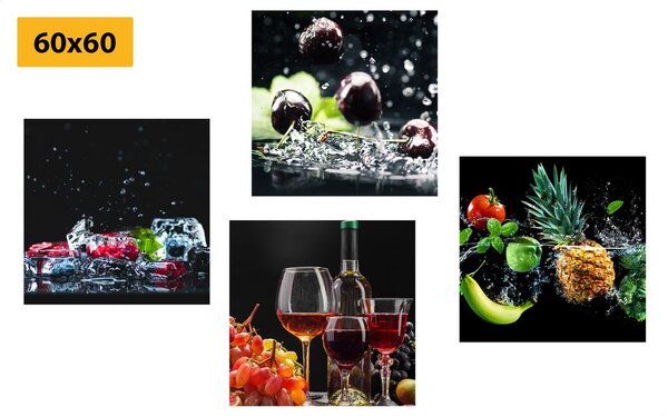 Set tablouri vin și bucăți de fructe pe fundal negru