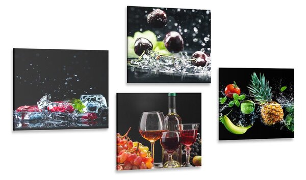Set tablouri vin și bucăți de fructe pe fundal negru