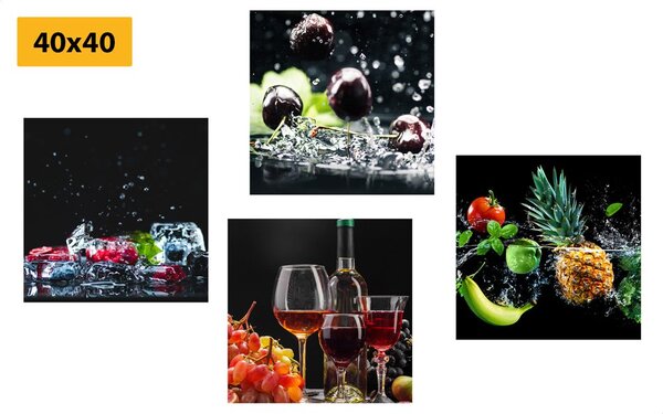 Set tablouri vin și bucăți de fructe pe fundal negru