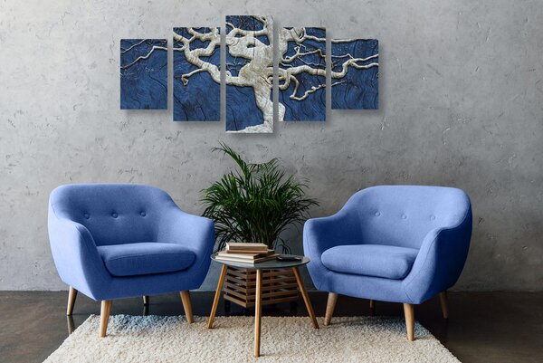 Tablou 5-piese copacul abstract pe lemn cu contrast albastru