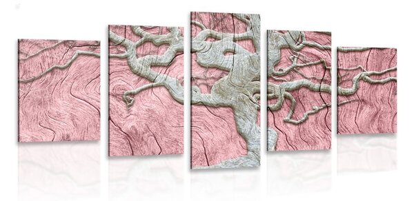 Tablou 5-piese copacul abstract pe lemn cu contrast roz