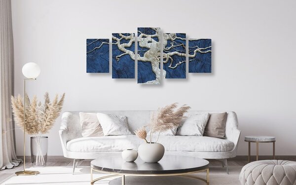 Tablou 5-piese copacul abstract pe lemn cu contrast albastru