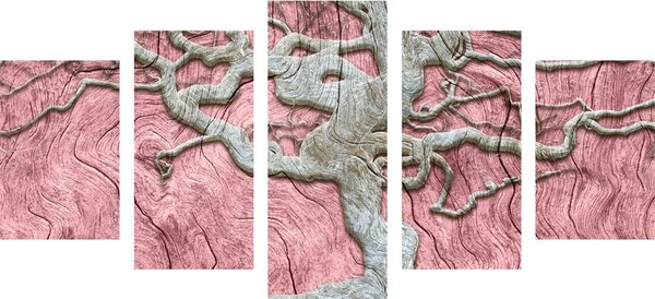Tablou 5-piese copacul abstract pe lemn cu contrast roz