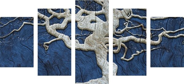 Tablou 5-piese copacul abstract pe lemn cu contrast albastru