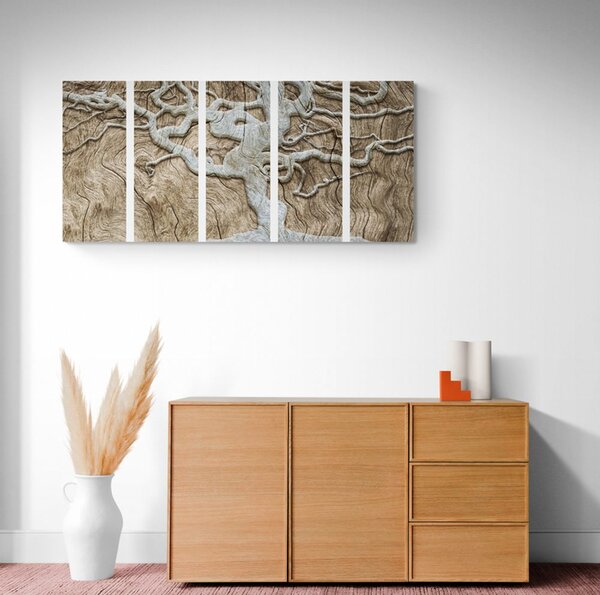 Tablou 5-piese copacul abstract pe lemn în design bej