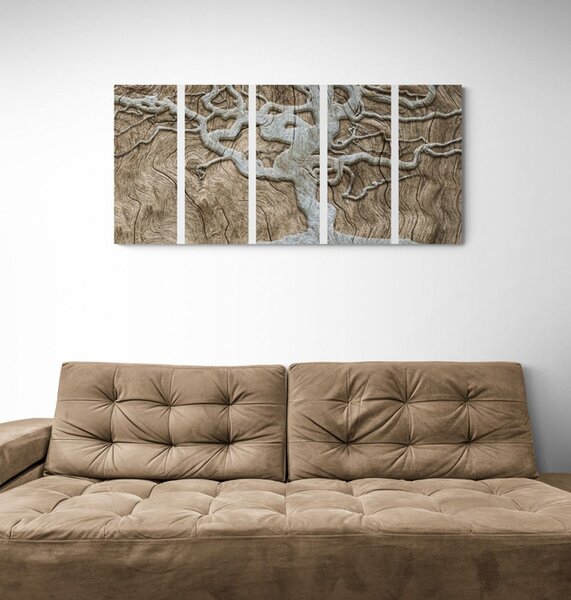 Tablou 5-piese copacul abstract pe lemn în design bej