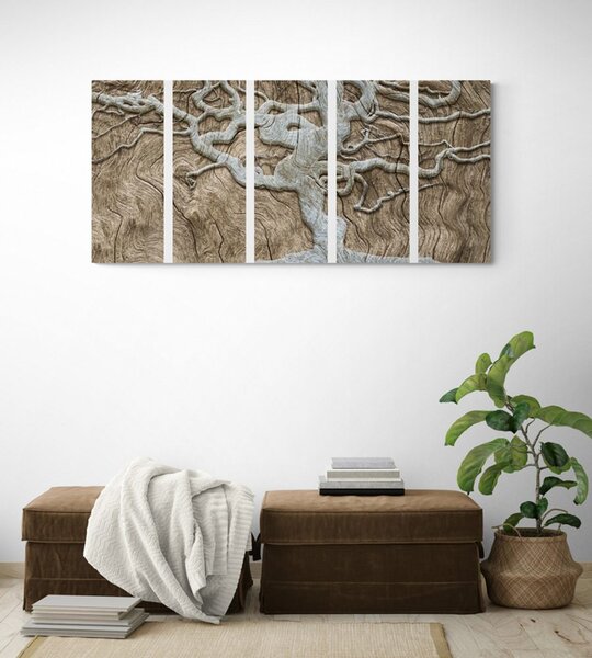 Tablou 5-piese copacul abstract pe lemn în design bej
