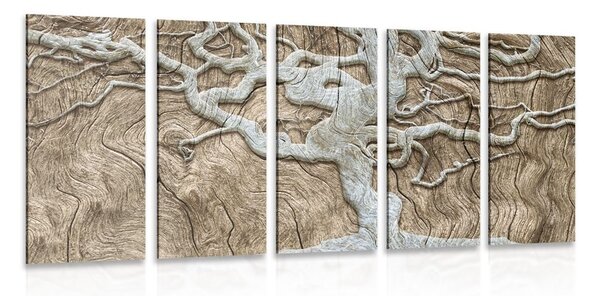 Tablou 5-piese copacul abstract pe lemn în design bej