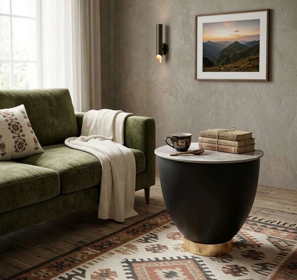 Masuta cafea CECILIA S, alb cu efect de marmura/negru/auriu, ceramica/