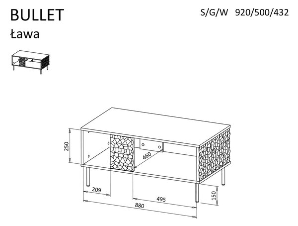 Masuta cafea BULLET, negru/auriu, PAL laminat, 90X50X43 cm