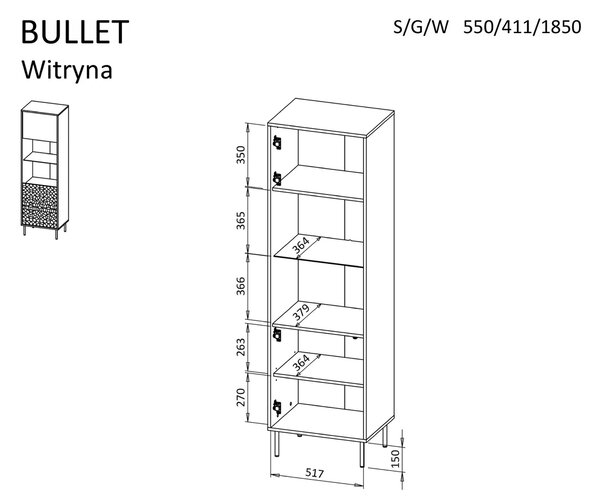Vitrina BULLET, negru mat, PAL, 55x41x185 cm