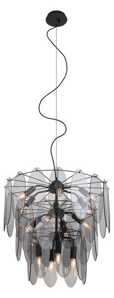 Art Deco hanglamp zwart met smoke glas ovaal 14-lichts - Mochan