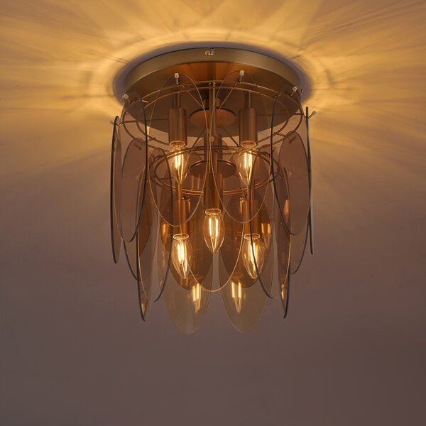 Art Deco plafondlamp goud met amber glas ovaal 6-lichts - Mochan