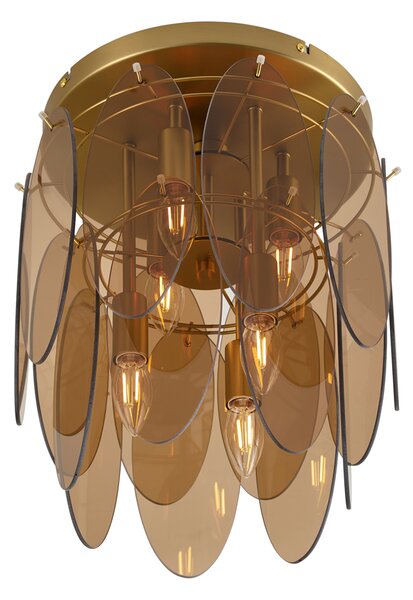 Art Deco plafondlamp goud met amber glas ovaal 6-lichts - Mochan