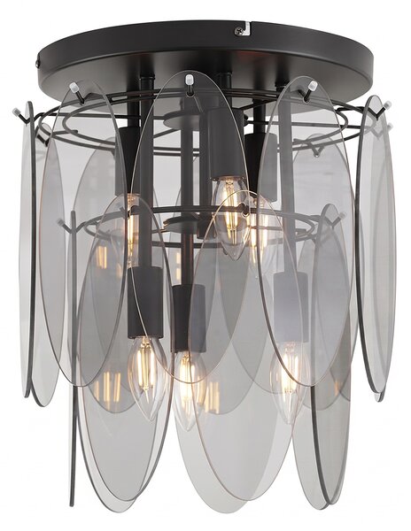 Art Deco plafondlamp zwart met smoke glas ovaal 6-lichts - Mochan