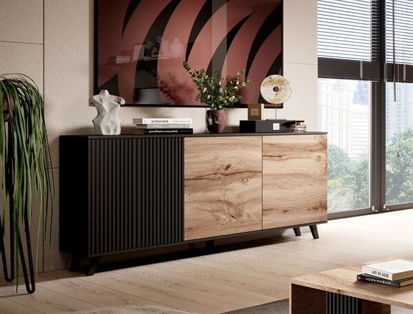 Comoda RANDOM KM-1, stejar wotan/negru, PAL furniruit, 160x40x82 cm