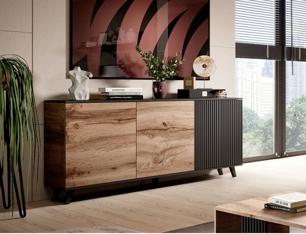 Comoda RANDOM KM-1, stejar wotan/negru, PAL furniruit, 160x40x82 cm