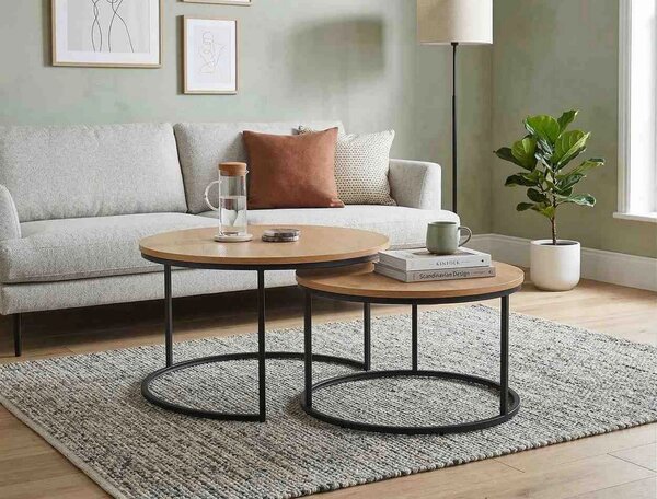 Set 2 masute cafea ATLANTA II, stejar/negru mat, PAL laminat/metal