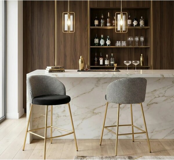 Scaun bar H113, negru/gri/auriu, stofa catifelata/otel, 47x55x85 cm