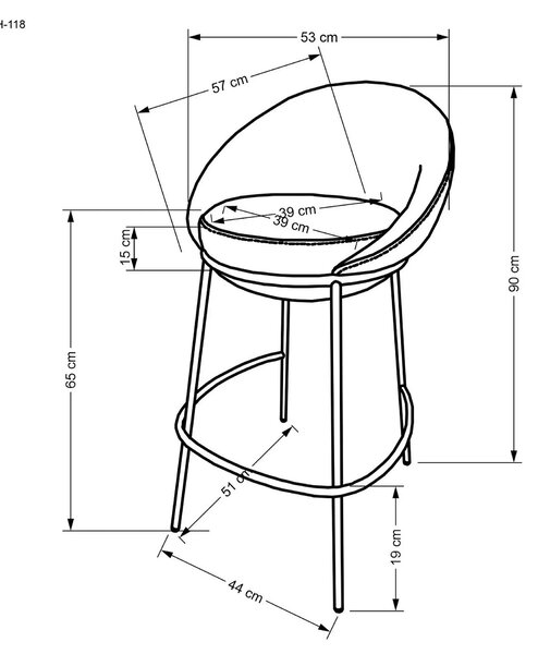 Scaun bar H118, gri/negru, stofa clasica/otel, 53x57x90 cm