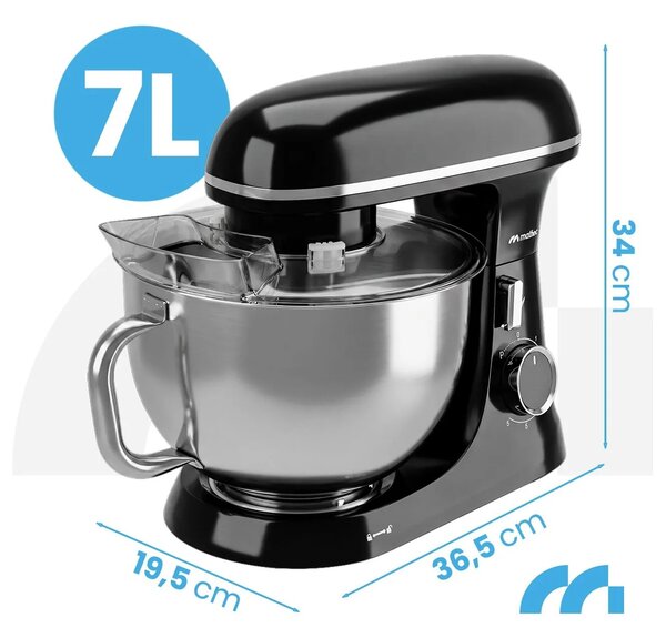Robot de bucătărie, mixer aluat, bol de 7 litri, 3 palete, cârlig, tel, oțel inoxidabil, negru, MaltecChef ,4000W, 114851