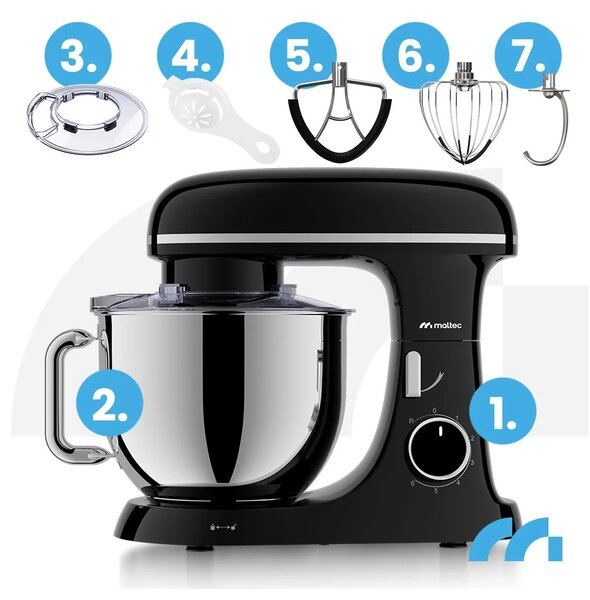 Robot de bucătărie, mixer aluat, bol de 7 litri, 3 palete, cârlig, tel, oțel inoxidabil, negru, MaltecChef ,4000W, 114851
