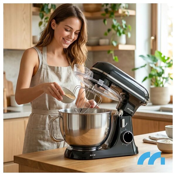 Robot de bucătărie, mixer aluat, bol de 7 litri, 3 palete, cârlig, tel, oțel inoxidabil, negru, MaltecChef ,4000W, 114851