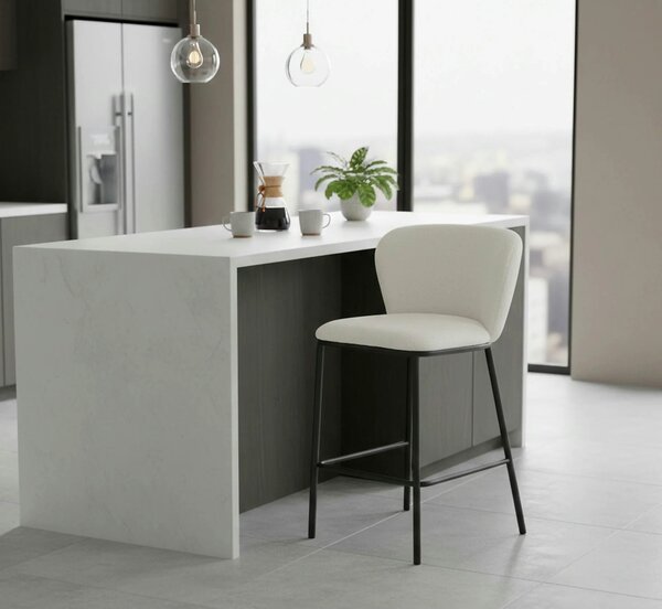 Scaun bar H119, crem/negru, stofa buclata/otel, 54x53x92 cm