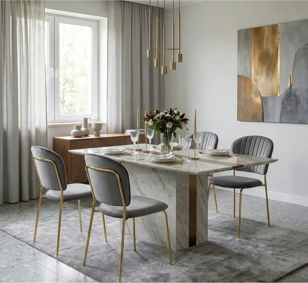 Scaun tapitat K499, gri/auriu, stofa catifelata, 47x56x85 cm